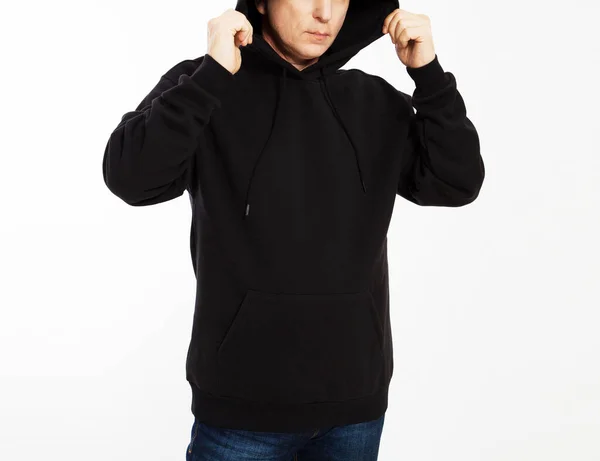 Man Black Sweatshirt White Background Male Hoodie Mock Black Hood — Stock Photo, Image