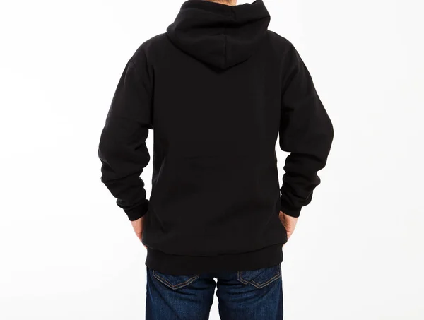 Man Zwart Sweatshirt Witte Achtergrond Man Hoodie Mock Zwart Kap — Stockfoto