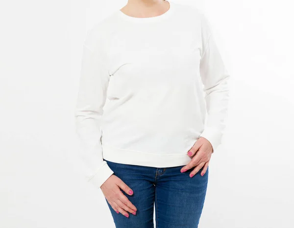 Smile Woman White Pullover Posing White Background Mock — Stock Photo, Image