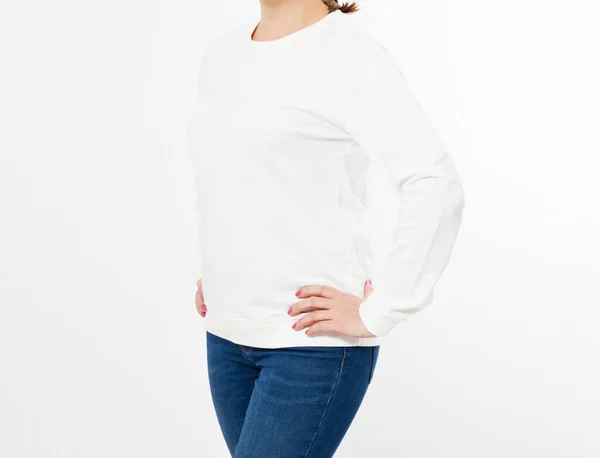 Femme Pull Blanc Posant Sur Fond Blanc Maquette — Photo