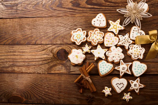 Frame Christmas Sweet Cookies Dark Brown Wooden Background Top View — Stock Photo, Image