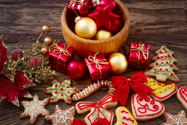 Christmas Cookies Brown Wooden Table Top View Mock Stock Image