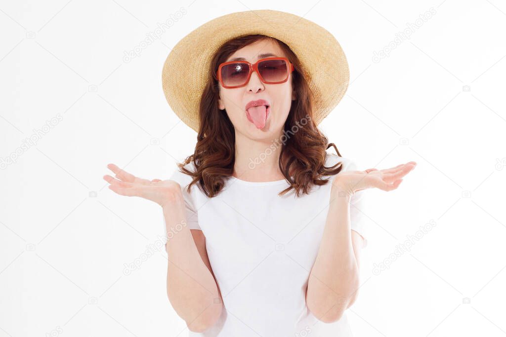 Happy surprised and excited woman in summer hat, sunglasses and template white t shirt isolated on white background. Holiday vacation with big sale. Fun summertime. Copy space, blank place on tshirt.