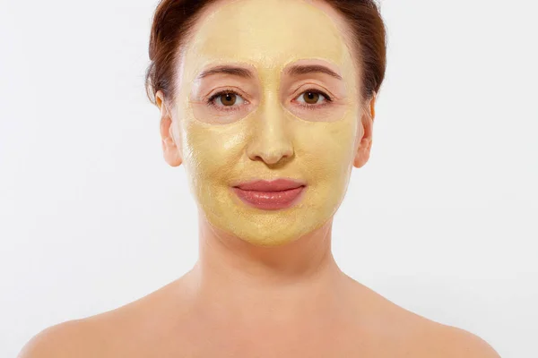 Sommar Åldrande Kollagen Mask Kvinna Rynka Ansikte Isolerad Vit Bakgrund — Stockfoto