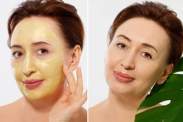 Middle age closeup woman face before after beauty mask treatment. Before-after wrinkled skin. Summer anti aging collagen mask on woman wrinkle face isolated. Mid aged facial skincare. Menopause period