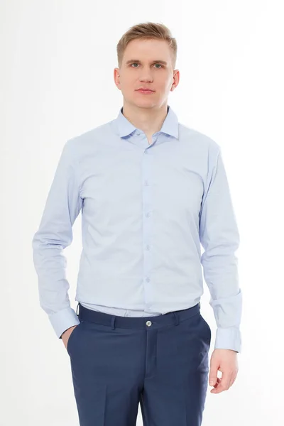 Glad Affärsman Isolerad Vit Bakgrund Blå Mall Och Tom Skjorta — Stockfoto