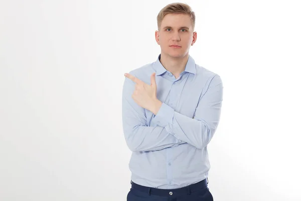 Feliz Hombre Negocios Aislado Sobre Fondo Blanco Plantilla Azul Camisa —  Fotos de Stock