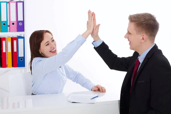Businesswoman Businessman Giving High Five Good Job Office Background Banner Royalty Free Stock Photos
