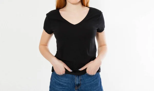 Chica Elegante Camiseta Negra Aislada Sobre Fondo Blanco Espacio Para — Foto de Stock