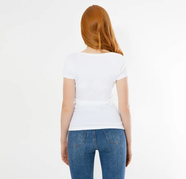 Camiseta Blanca Una Chica Sonriente Vista Trasera Mujer Pelirroja Con — Foto de Stock