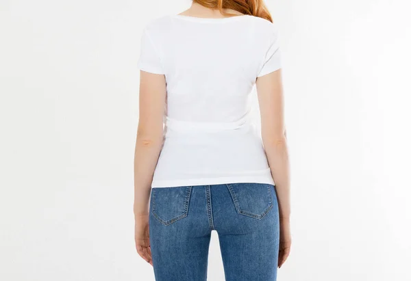 White Shirt Smiling Girl Back View Red Hair Woman Empty — Stock Photo, Image