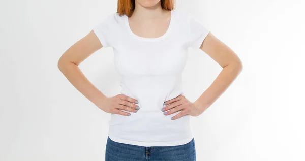 Chica Camiseta Blanca Aislada Bonita Sonrisa Pelirroja Cabeza Mujer Camiseta —  Fotos de Stock