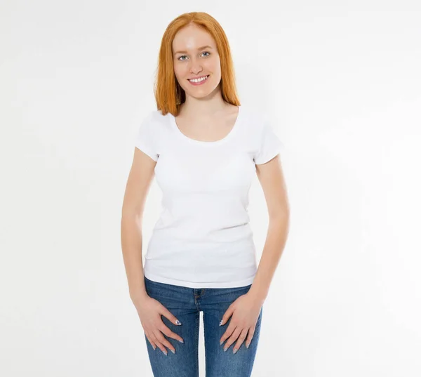 Linda Menina Cabelo Vermelho Feliz Shirt Branca Isolada Bonito Sorriso — Fotografia de Stock