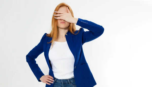 Cute Young Beautiful Red Hair Woman Facepalm Redhead Girl Headache — Stock Photo, Image