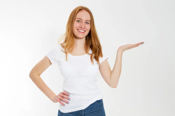 Smile Teen Woman Hold Somethion Palm Isolated White Background — Stock Photo, Image