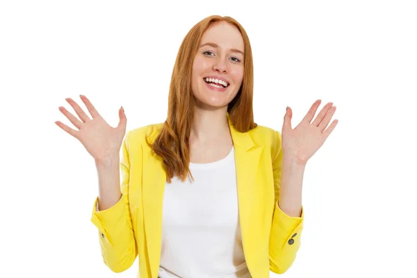 Surprised Happy Young Woman Excitement Isolated White Background Woman Happy — Stock Photo, Image