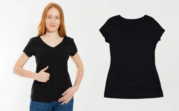 Donna Shirt Nera Modello Isolato Sfondo Bianco Nero Tshirt Primo — Foto Stock