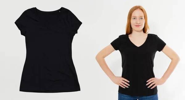 Kobieta Czarnym Shirt Makieta Izolowany Białym Tle Czarny Tshirt Zbliżenie — Zdjęcie stockowe