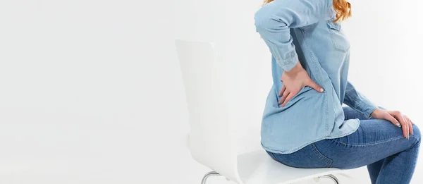 Middle Aged Woman Sits Chair While Touching Her Back Copy — Stock Photo, Image