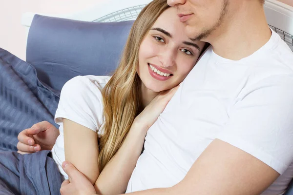 Large Portrait Young Lovely Couple Bed Morning Bedroom Happy Loving — Stock Photo, Image