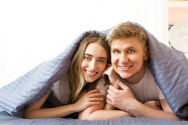 Cute Loving Couple Lying Bed Bedroom Morning Young Happy Couple — Stock Photo, Image