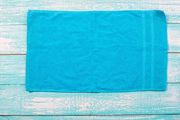 Blue Towel Top View Wooden Blue Board Close Copy Space — Stok fotoğraf