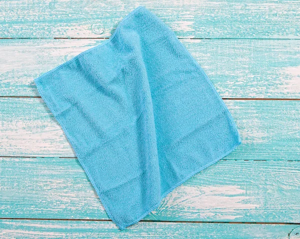 Blue Towel Top View Wooden Blue Board Close Copy Space — 图库照片