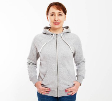 Güzel kadınlar Gri kapüşonlu kadınlar, Gri kapüşonlu kadınlar, kendi tasarımınız için şablon, beyaz arka planda beyaz kapüşonlu boş gri kapüşonlu kızlar.