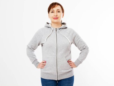 Güzel kadınlar Gri kapüşonlu kadınlar, Gri kapüşonlu kadınlar, kendi tasarımınız için şablon, beyaz arka planda beyaz kapüşonlu boş gri kapüşonlu kızlar.