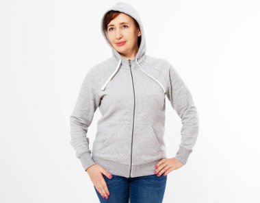 Güzel kadınlar Gri kapüşonlu kadınlar, Gri kapüşonlu kadınlar, kendi tasarımınız için şablon, beyaz arka planda beyaz kapüşonlu boş gri kapüşonlu kızlar.