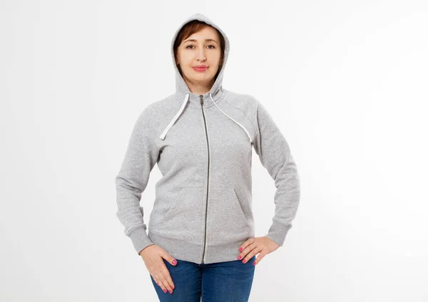 Mooie Aziatische Vrouw Een Sweatshirt Kap Poseren Witte Achtergrond Mock — Stockfoto