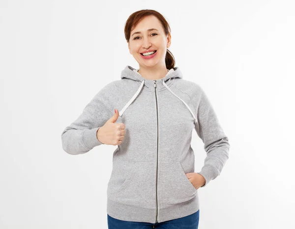 Gelukkige Vrouw Grijze Sweater Hoodies Show Als Witte Achtergrond Grijs — Stockfoto