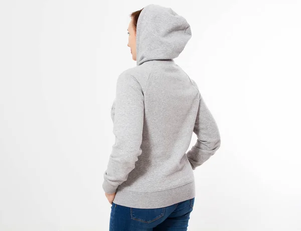 Pretty Woman Gray Pullover Hoodie Mockup Back View — Stock Photo, Image