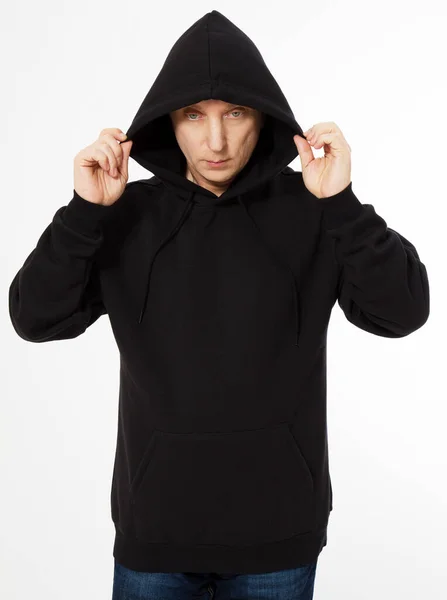 Middle Aged Man Black Hooded Sweatshirt Looks Front View Mock — Stock Photo, Image