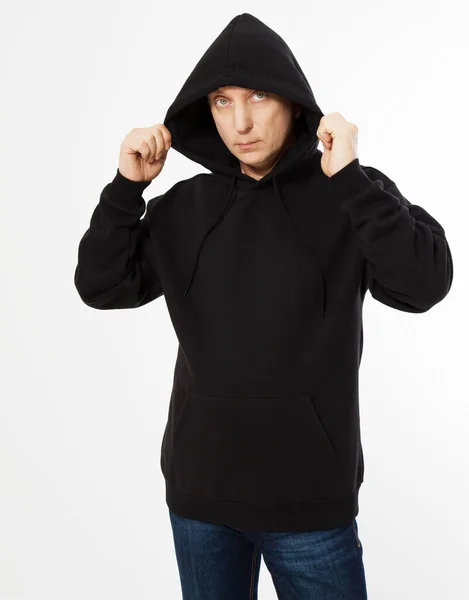 Mooie Man Zwart Pullover Hoodie Mockup — Stockfoto