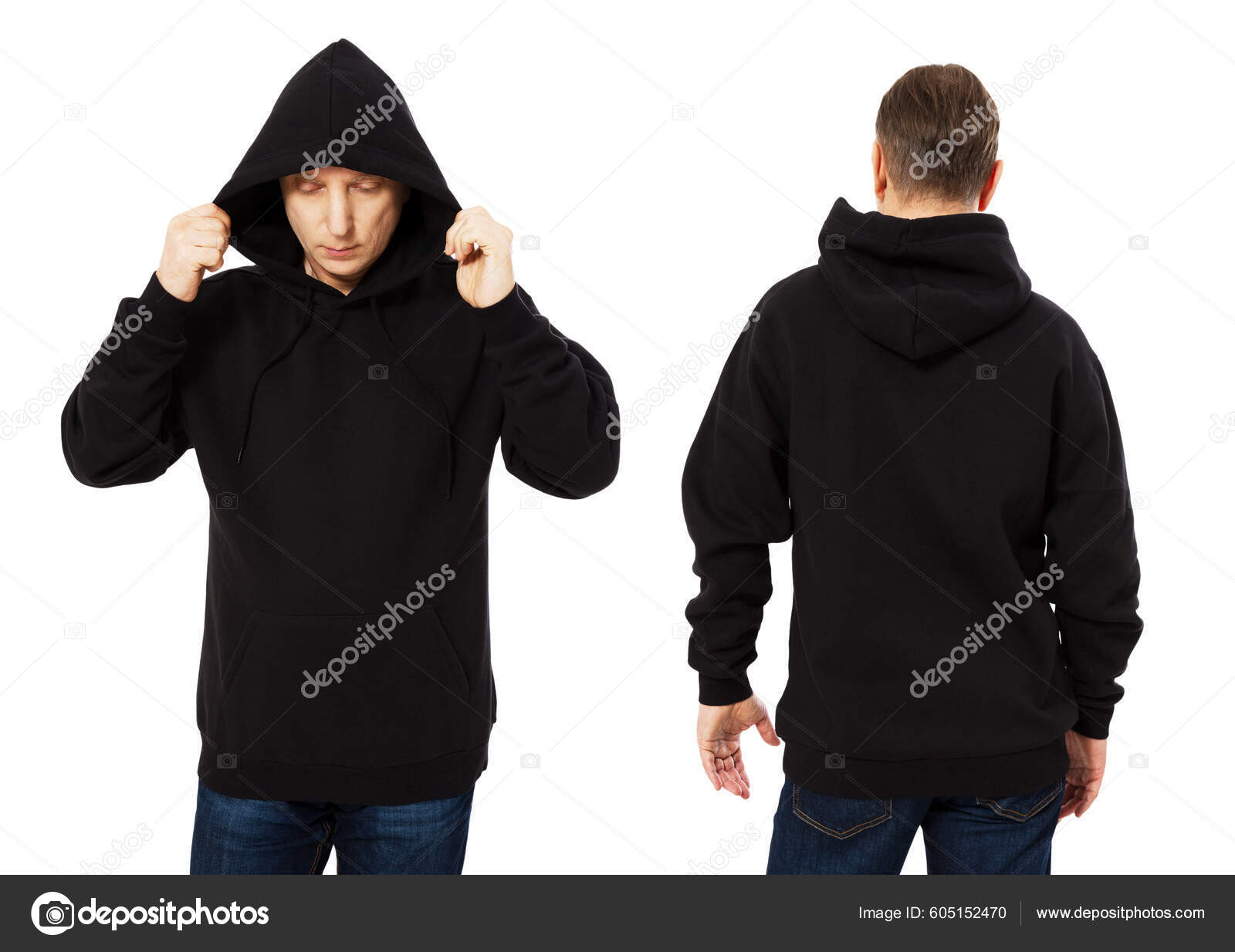 Man Template Mens Black Hoodie Sweatshirt Isolated White Background Man Stock Photo pavelzhuravlev92 gmail 605152470