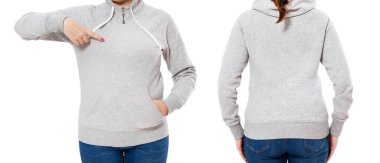 Kapüşonlu ve arkadan görünüşlü şık bir kadın vücudu, beyaz arka planda izole edilmiş kazak mankenli bir kadın.