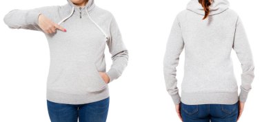 Kolaj: boş gri kapüşonlu bir kız beyaz arka planda izole edilmiş, kadın kazağı giyiyor.