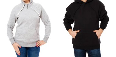 Kapüşonlu beyaz arka planda izole edilmiş. Kapüşonlu süveter, boş logo.