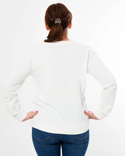 Mujer Jersey Blanco Posando Sobre Fondo Blanco Vista Trasera —  Fotos de Stock