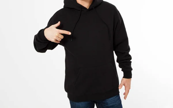 Man Black Sweatshirt Pointed Hand Black Hoodies Front Isolated Mock — Stock Photo, Image