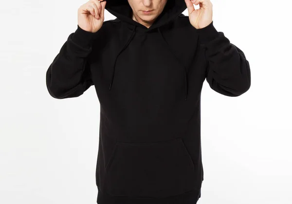 Middle Aged Man Black Hooded Sweatshirt Looks Front View Mock — Stock Photo, Image