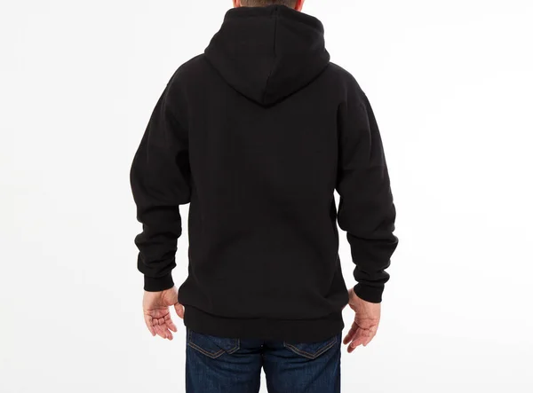 Achteraanzicht Man Zwart Sweatshirt Zwarte Hoodies Geïsoleerd Mock Kopieerruimte — Stockfoto