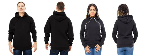 Man Vrouw Zwart Hoodie Mock Set Geïsoleerd Witte Achtergrond Zwart — Stockfoto