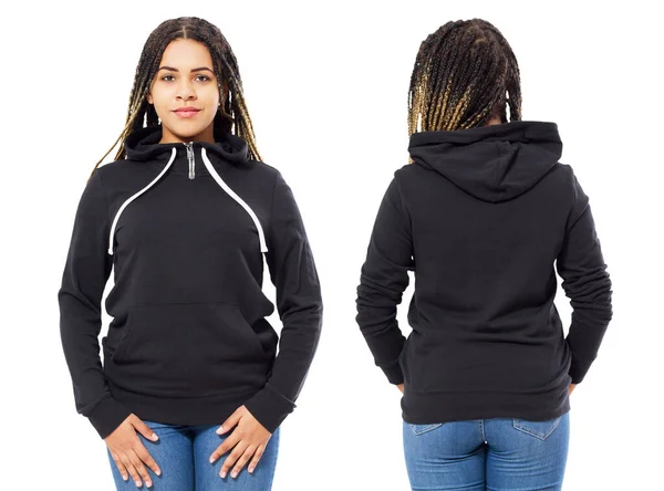Voor Achterzijde Zwart Sweatshirt Uitzicht Mooie Zwarte Vrouw Sjabloon Kleding — Stockfoto