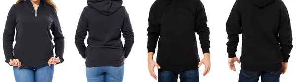 フード付きの黒のスウェットシャツを着た女の子とスウェットシャツの前と後ろの隔離された パーカーのモックアップ空 — ストック写真