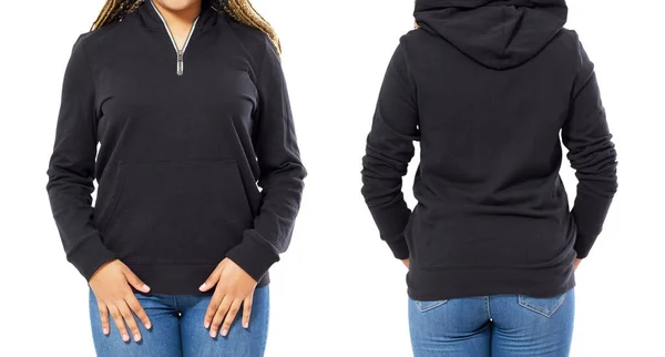 Voor Achterzijde Zwart Sweatshirt Uitzicht Vrouw Sjabloon Kleding Voor Print — Stockfoto