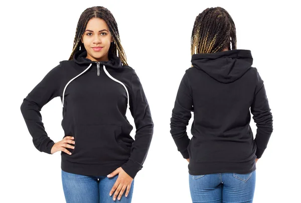 Voor Achterzijde Zwart Sweatshirt Uitzicht Mooie Zwarte Vrouw Sjabloon Kleding — Stockfoto