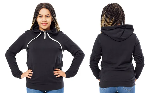 Gelukkig Mooi Afro Amerikaans Vrouw Sweatshirt Voor Achter Uitzicht Mock — Stockfoto