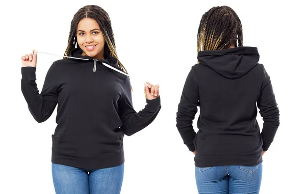 Voor Achterzijde Zwart Sweatshirt Uitzicht Mooie Zwarte Vrouw Sjabloon Kleding — Stockfoto
